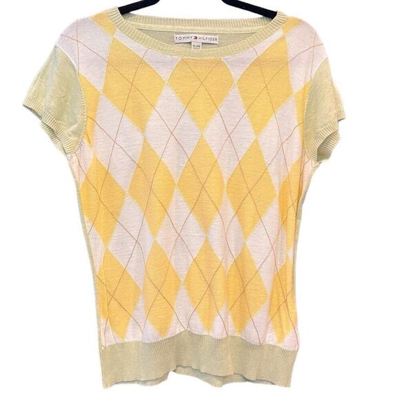 Tommy Hilfiger Argyle Short Sleeve Sweater 100% Cotton Pink and Yellow XLarge - Picture 1 of 3